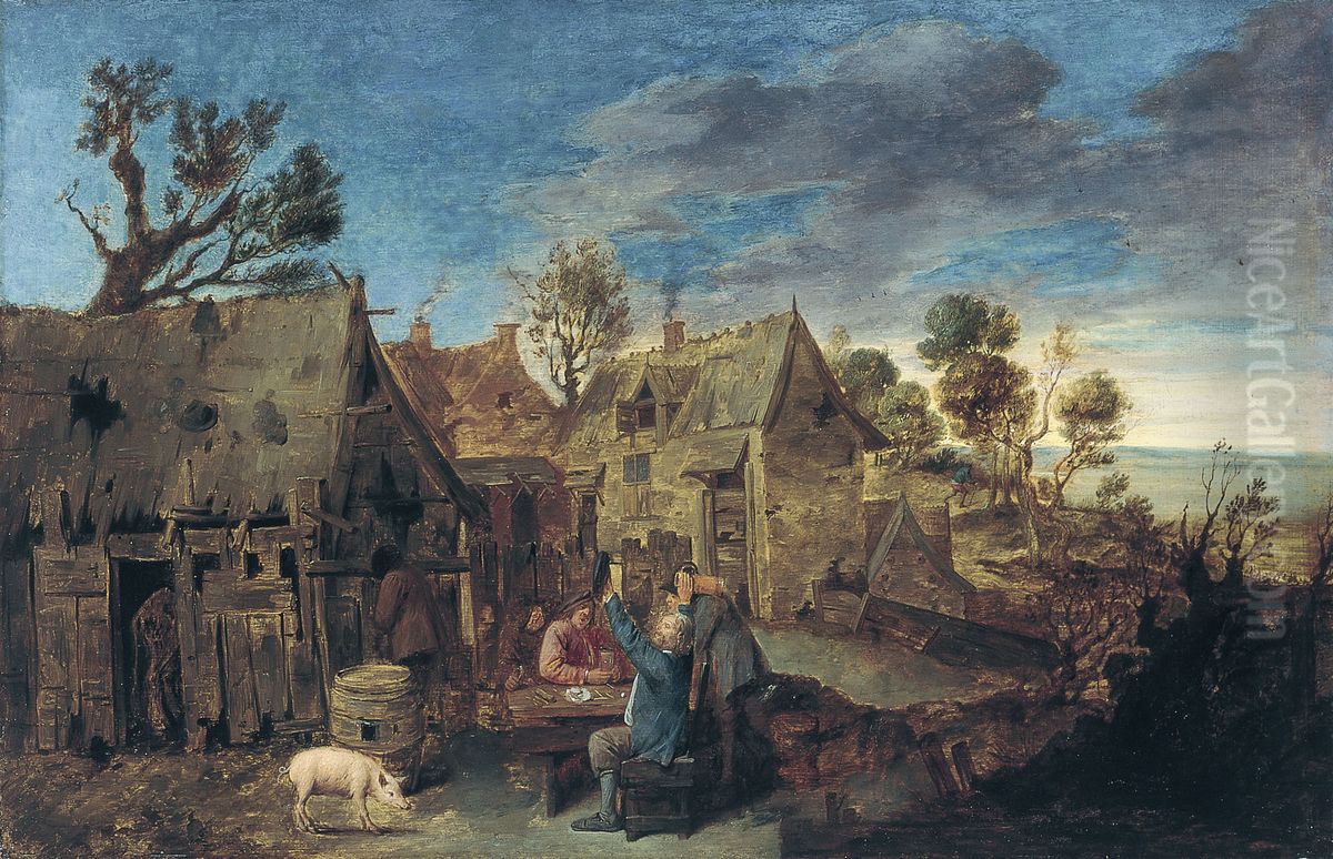 Dorp Scene met mannen drinkt Oil Painting by Adriaen Brouwer