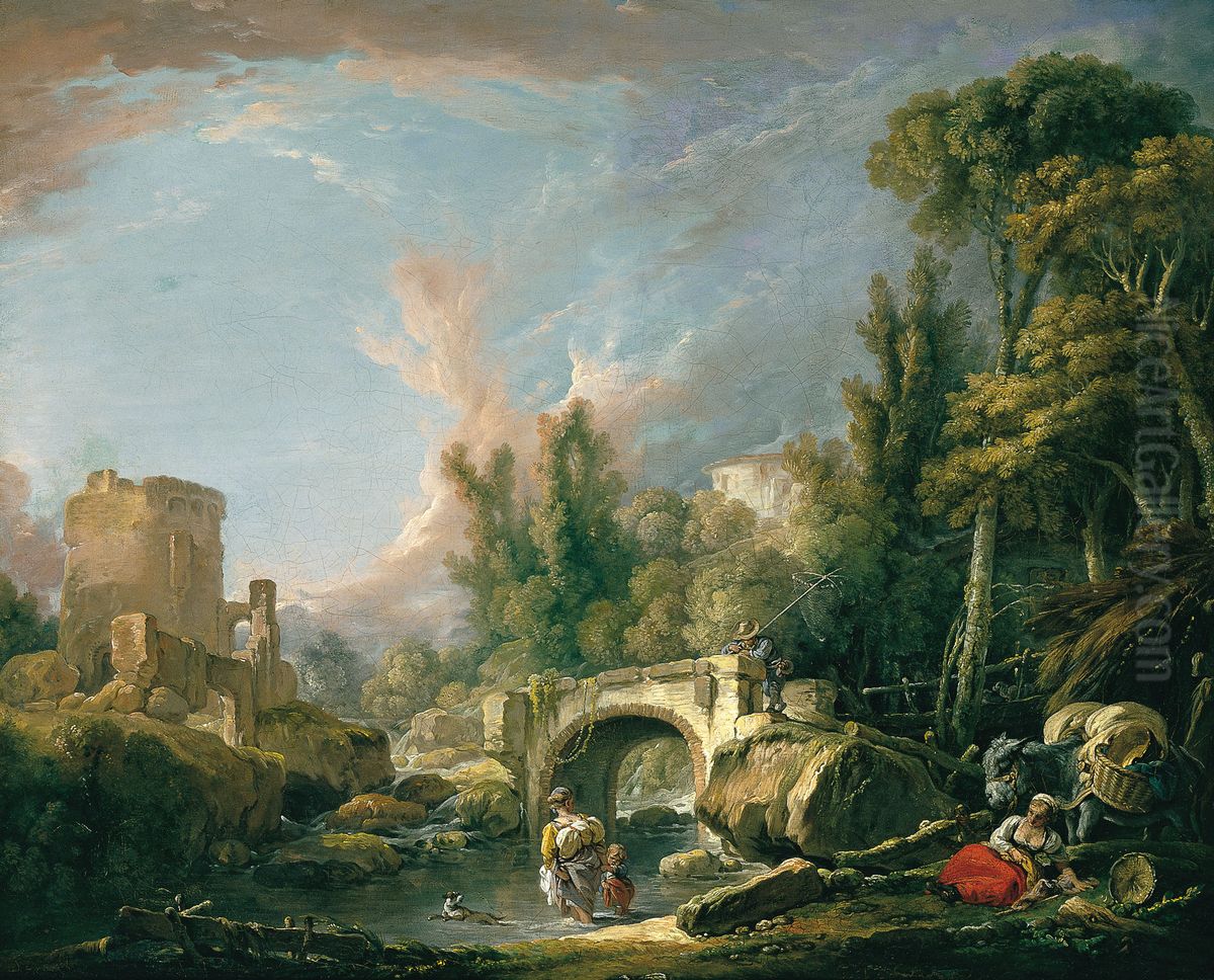 Paysage fluvial avec ruine et pont Oil Painting by Francois Boucher