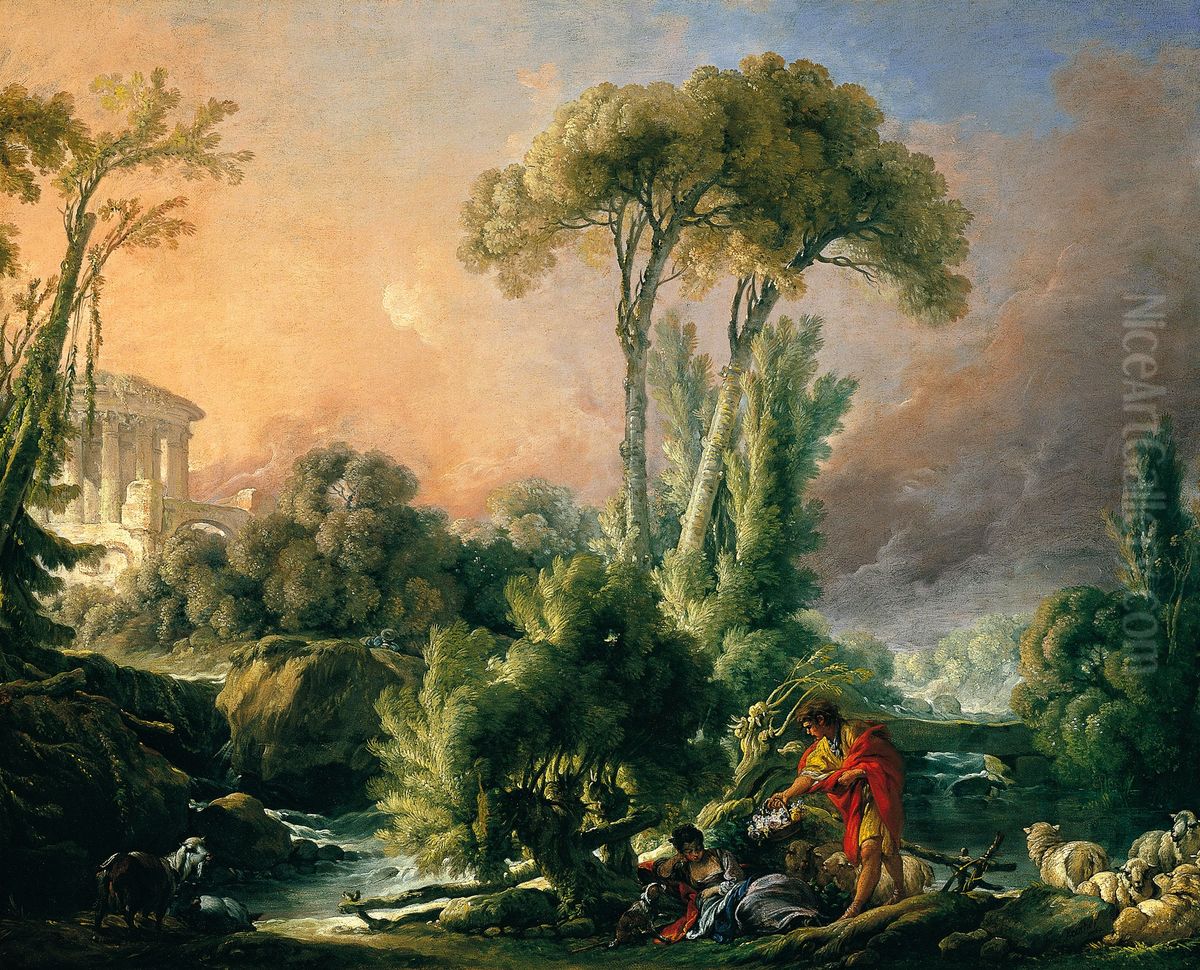 River Landscape with an Antique Temple Oil Painting by Francois Boucher