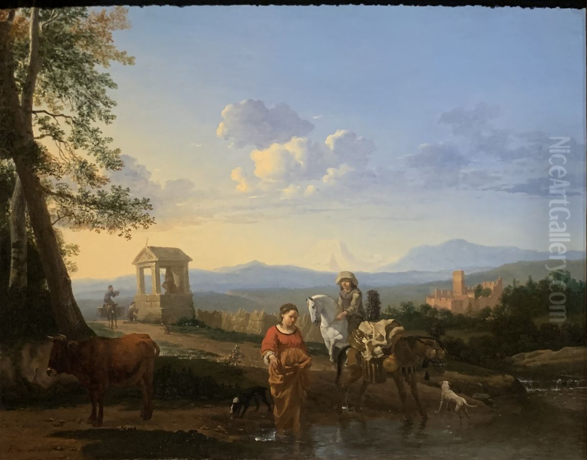 Italianate Landscape with Peasants and Animals on a Flooded Road and Peasants Praying at a Shrine in the Distance Oil Painting by Karel Dujardin