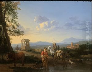 Italianate Landscape with Peasants and Animals on a Flooded Road and Peasants Praying at a Shrine in the Distance