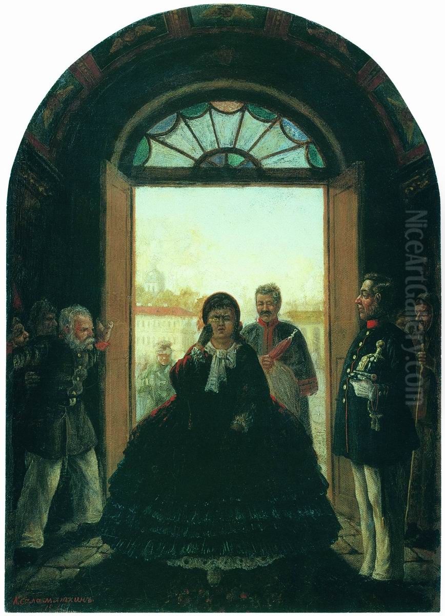 Governess Entering the Church Oil Painting by Leonid Solomatkin