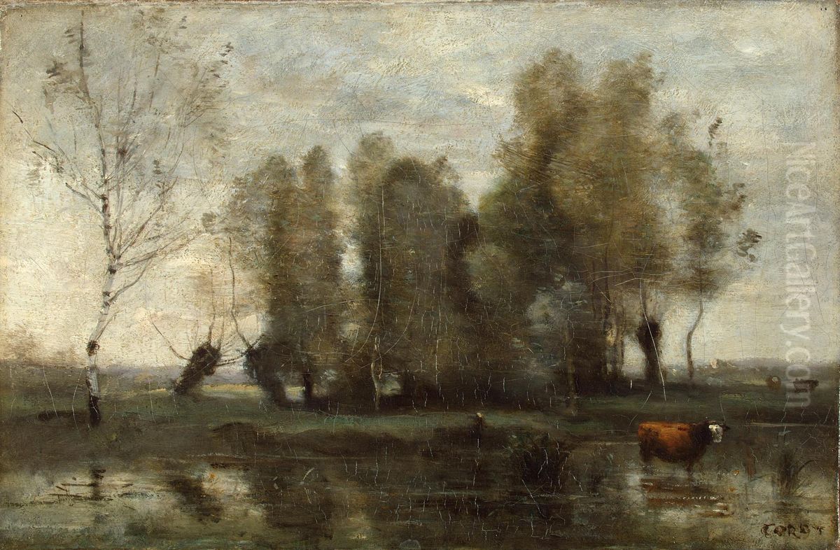 Trees in a Swamp Oil Painting by Jean-Baptiste Camille Corot
