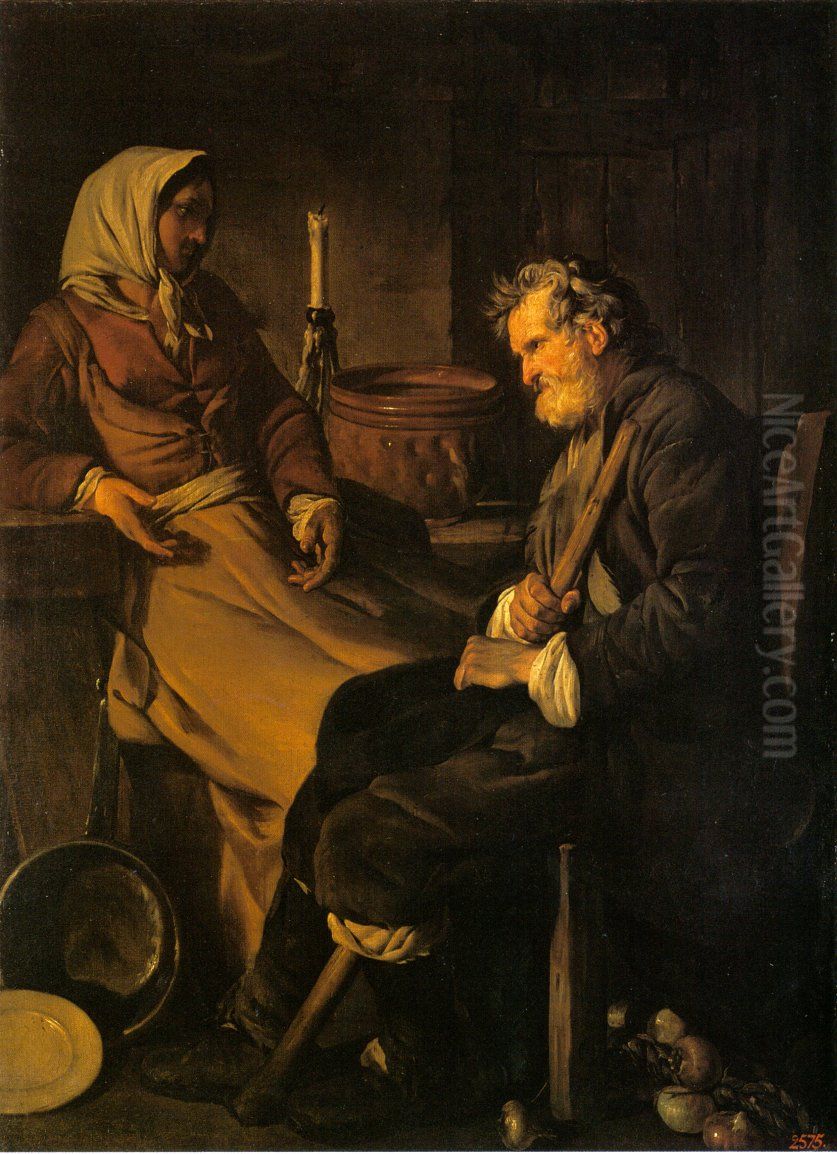 Vieil homme dans une cuisine Oil Painting by Jean-Baptiste Marie Pierre