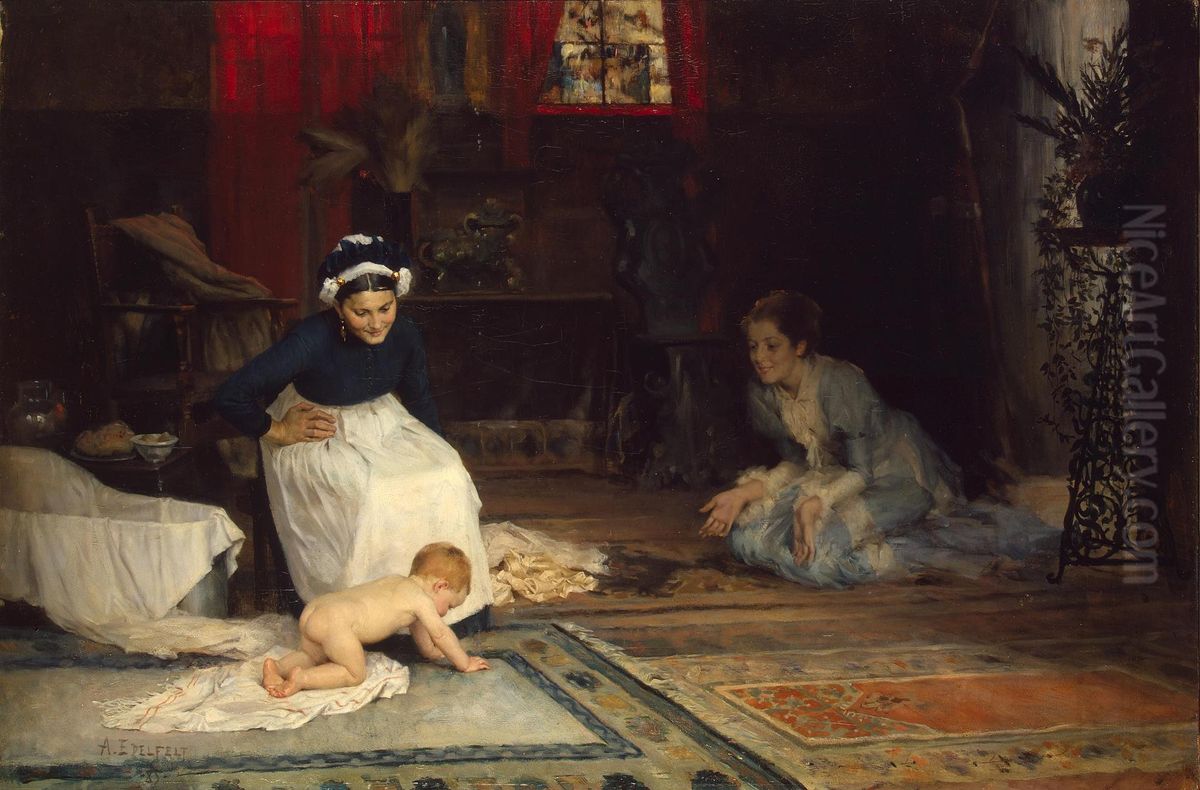 In the Nursery Oil Painting by Albert Edelfelt