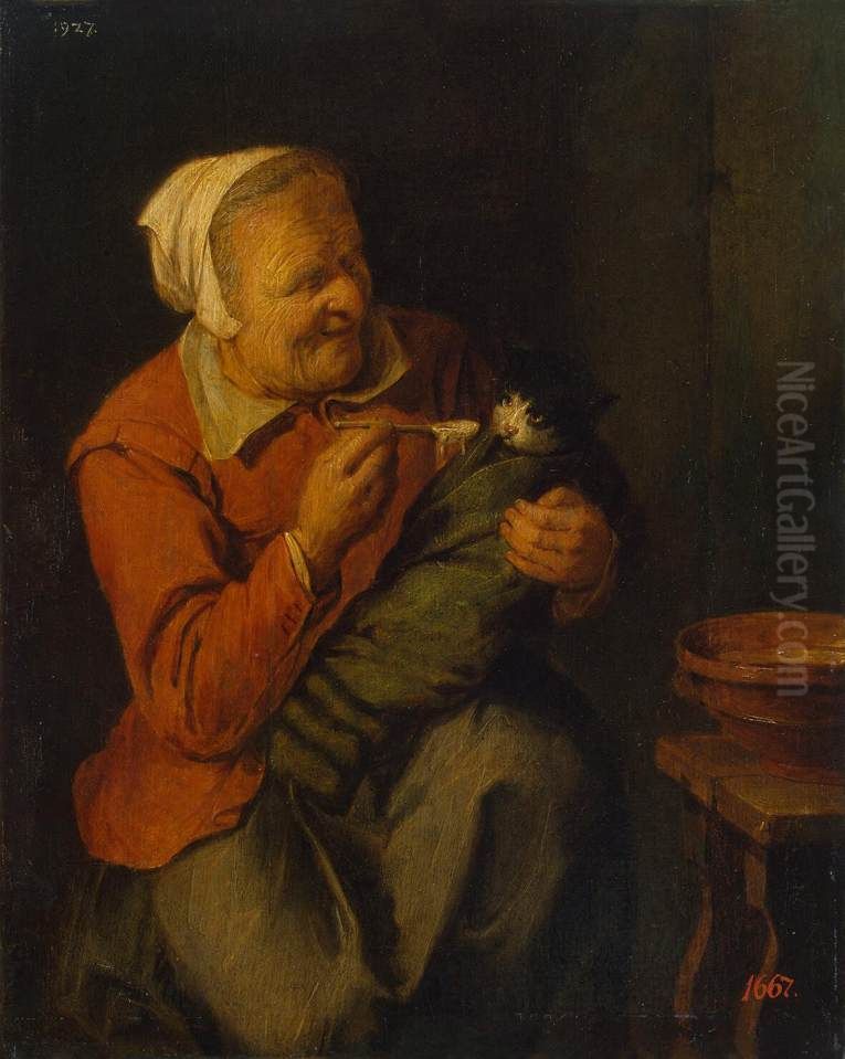 Peasant Woman with a Cat Oil Painting by David Ryckaert III