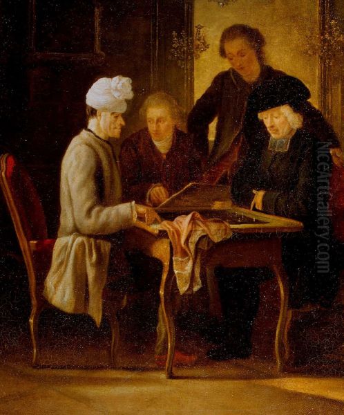 Voltaire jouant aux echecs avec le pere Adam. 1770-1775. Oil Painting by Jean Huber