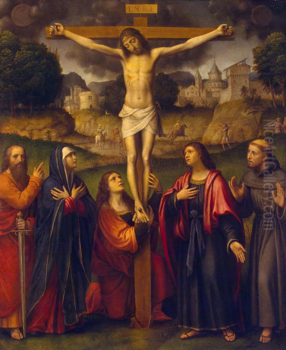 Crucifixion with Madonna and Sts Paul, Mary Magdalene, John and Francis Oil Painting by Bernardino Luini