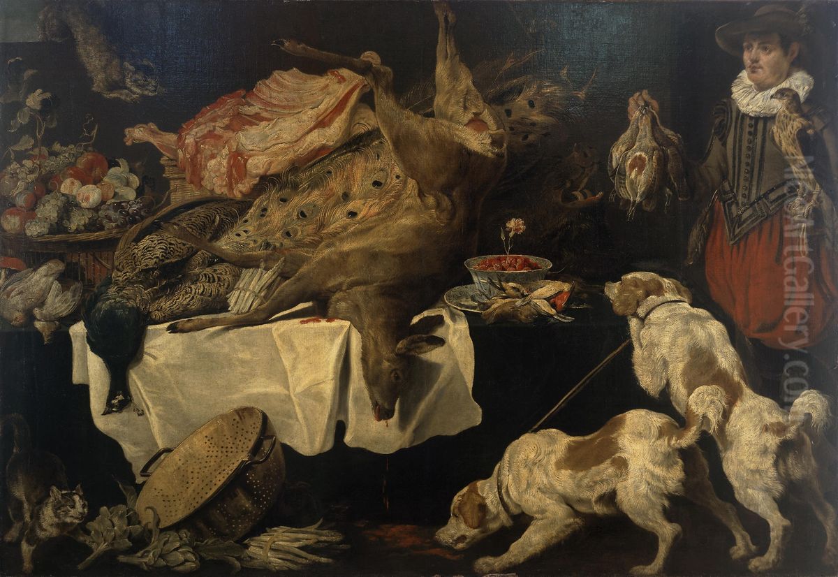 Hunter and Dogs by a Table with Dead Game and Fruit Oil Painting by Paul de Vos