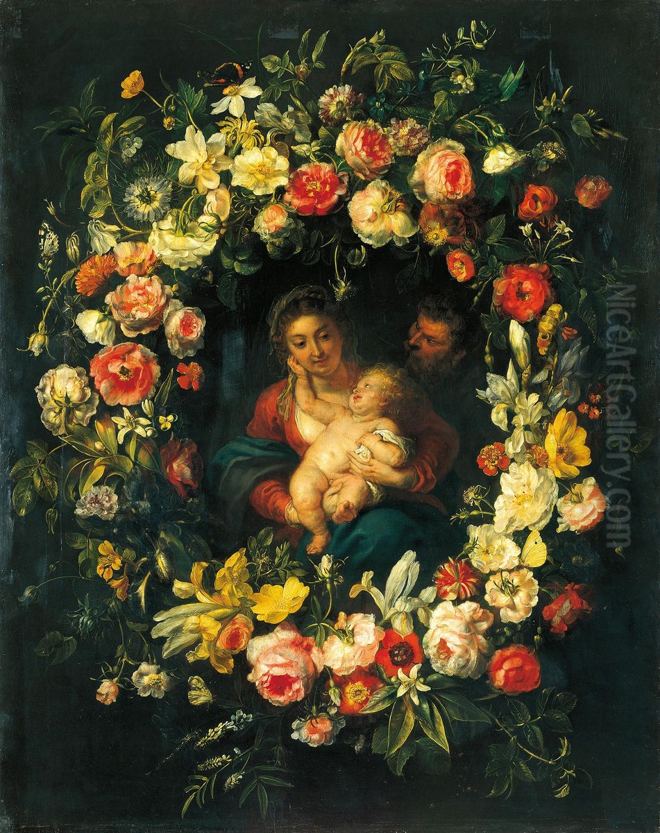 Holy Family in a Wreath of Flowers Oil Painting by Frans Ykens