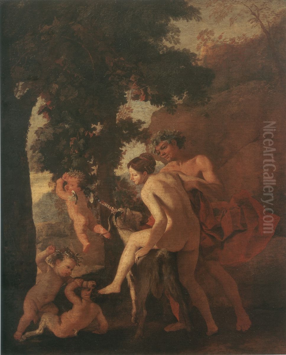 Nymphe chevauchant un boucouVenus, faune et putti Oil Painting by Nicolas Poussin