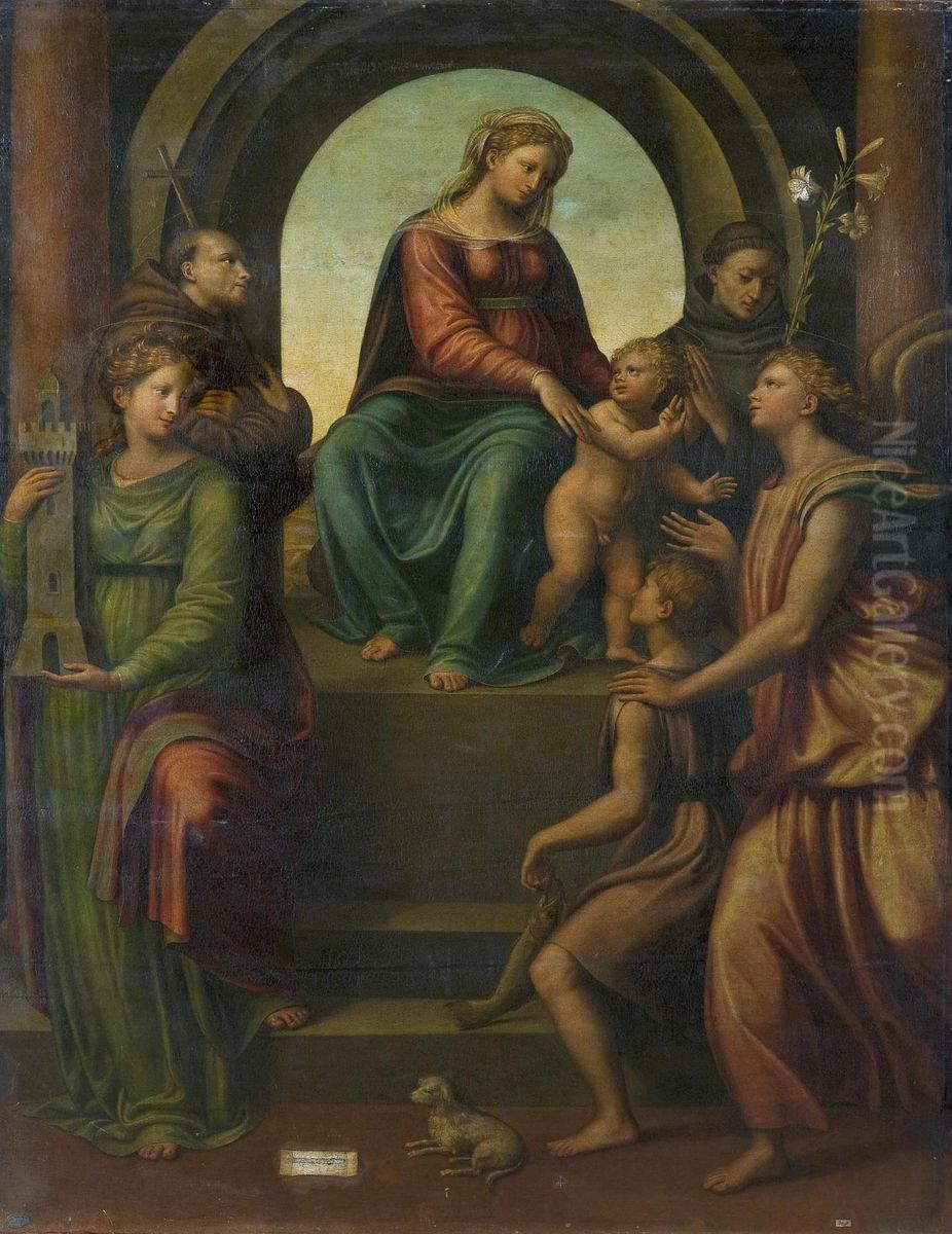 Madonna and Child, with Sts Barbara, Francis, Dominic, Archangel Raphael and Tobias Oil Painting by Innocenzo di Pietro Francucci da Imola