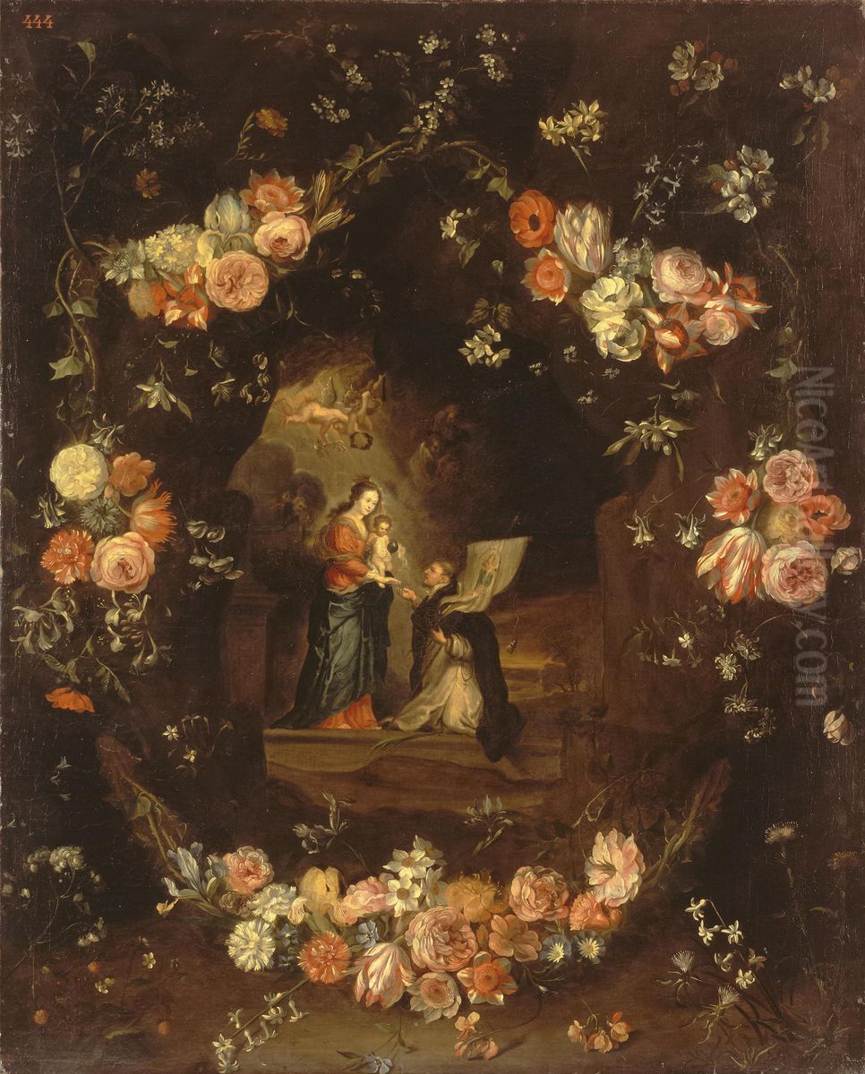 Madonna with the Child and St Ildephonsus Framed with a Garland of Flowers Oil Painting by Jan van Kessel the Elder