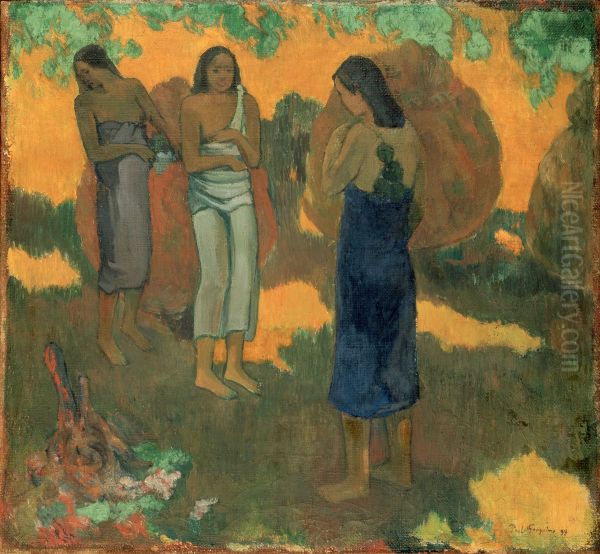 Trois Tahitiennes sur fond jaune Oil Painting by Paul Gauguin