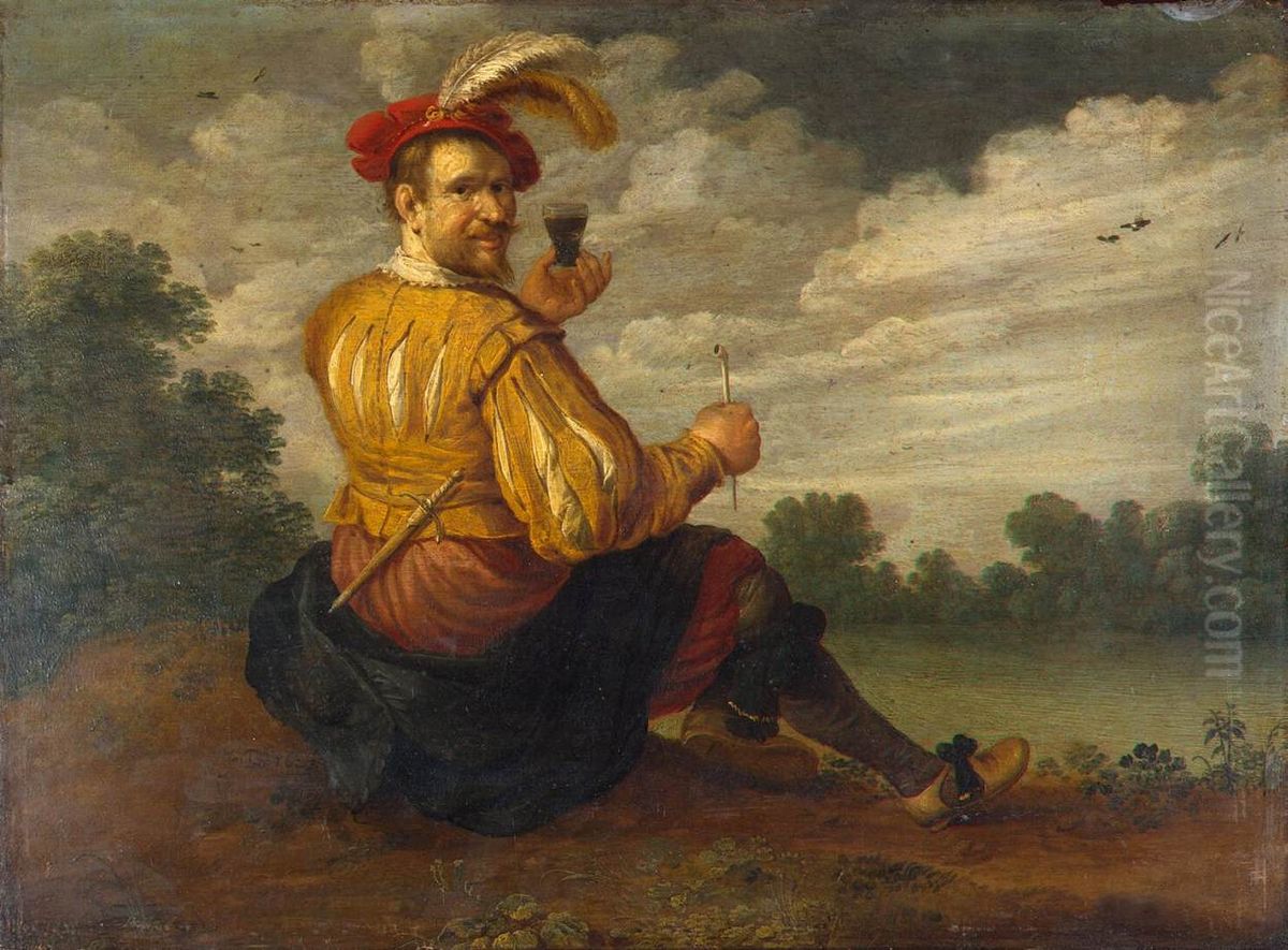Self-Portrait in a Landscape Oil Painting by Joost Cornelisz Droochsloot