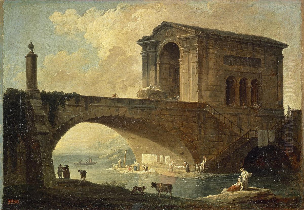 Landscape with a Stone Bridge Oil Painting by Hubert Robert