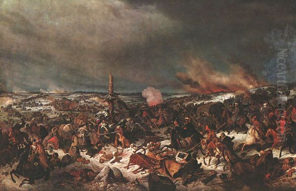Crossing the Berezina River on 17 November 1812 Oil Painting by Peter von Hess