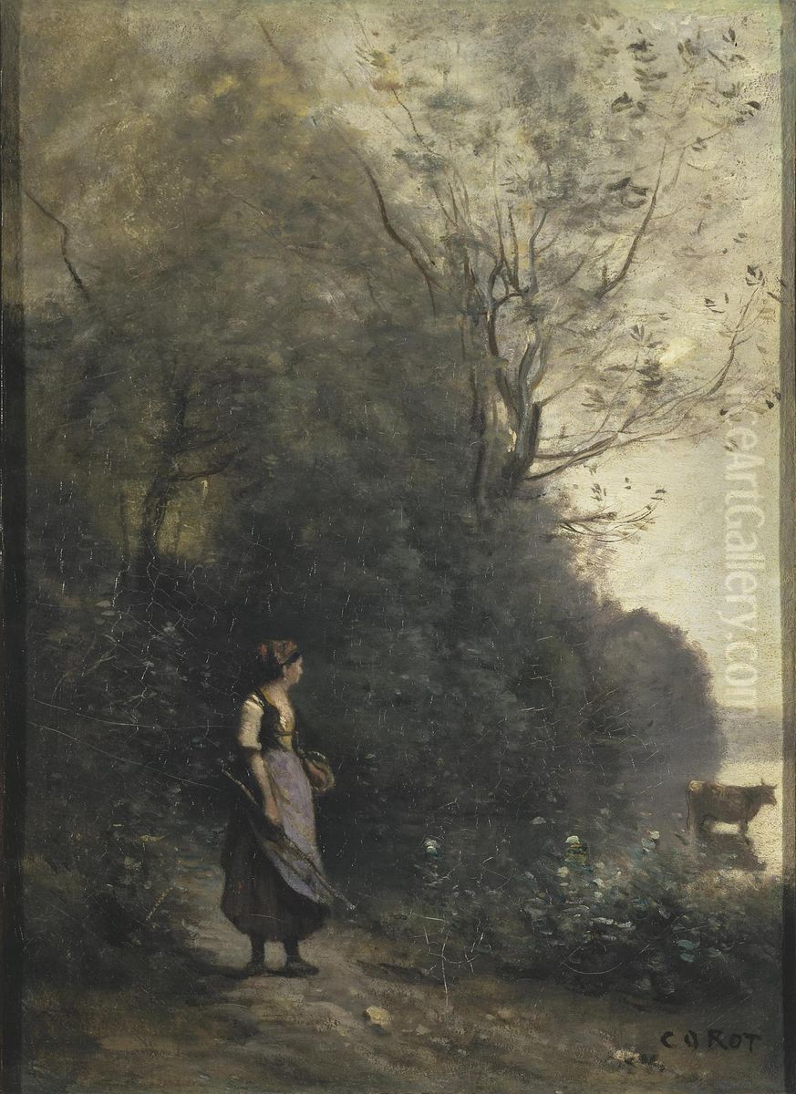 Peasant Girl Grazing a Cow at the a Forest Oil Painting by Jean-Baptiste Camille Corot