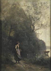 Peasant Girl Grazing a Cow at the a Forest