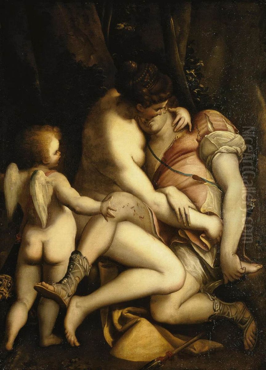 Venus   and  Adonis Oil Painting by Luca Cambiaso