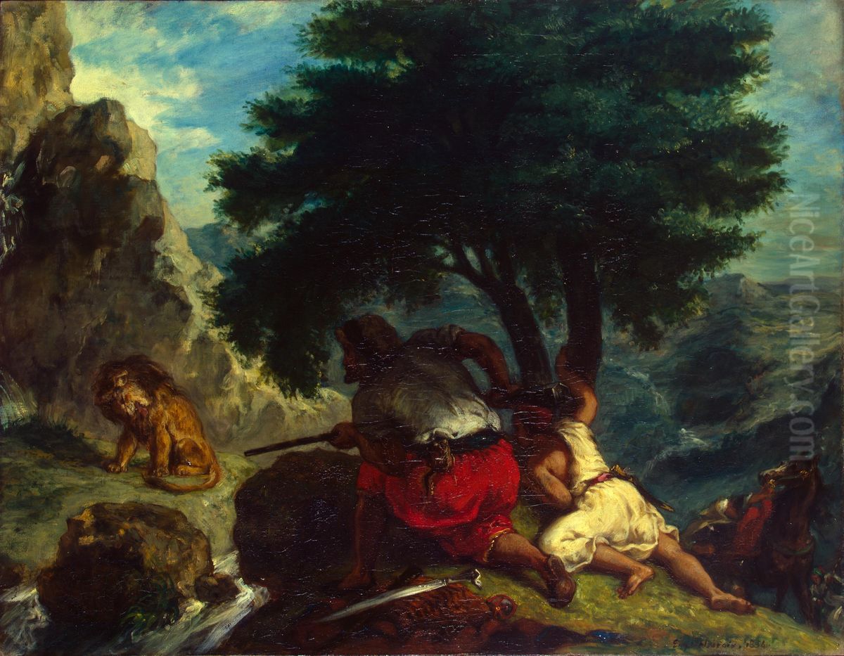 Lion hunt in Morocco Oil Painting by Eugene Delacroix