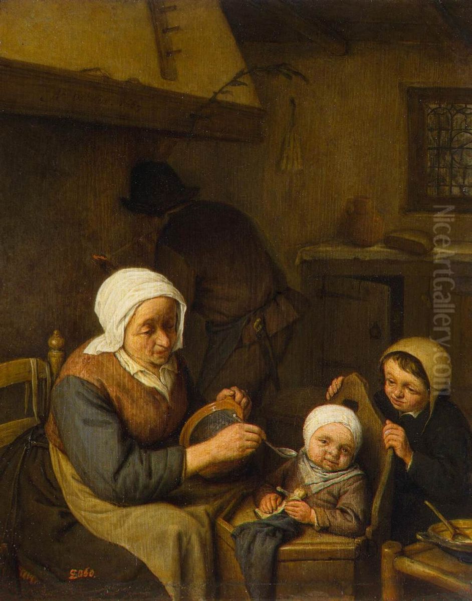Oude vrouw voert een kind, in gezelschap van een tweede kind en een man Oil Painting by Adriaen van Ostade