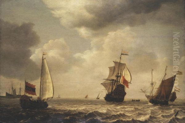 Stormy Sea with Sailing Ships Oil Painting by Simon De Vlieger