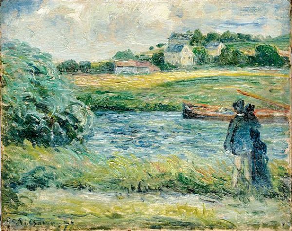 A stroll on the banks of the Oise Oil Painting by Camille Pissarro