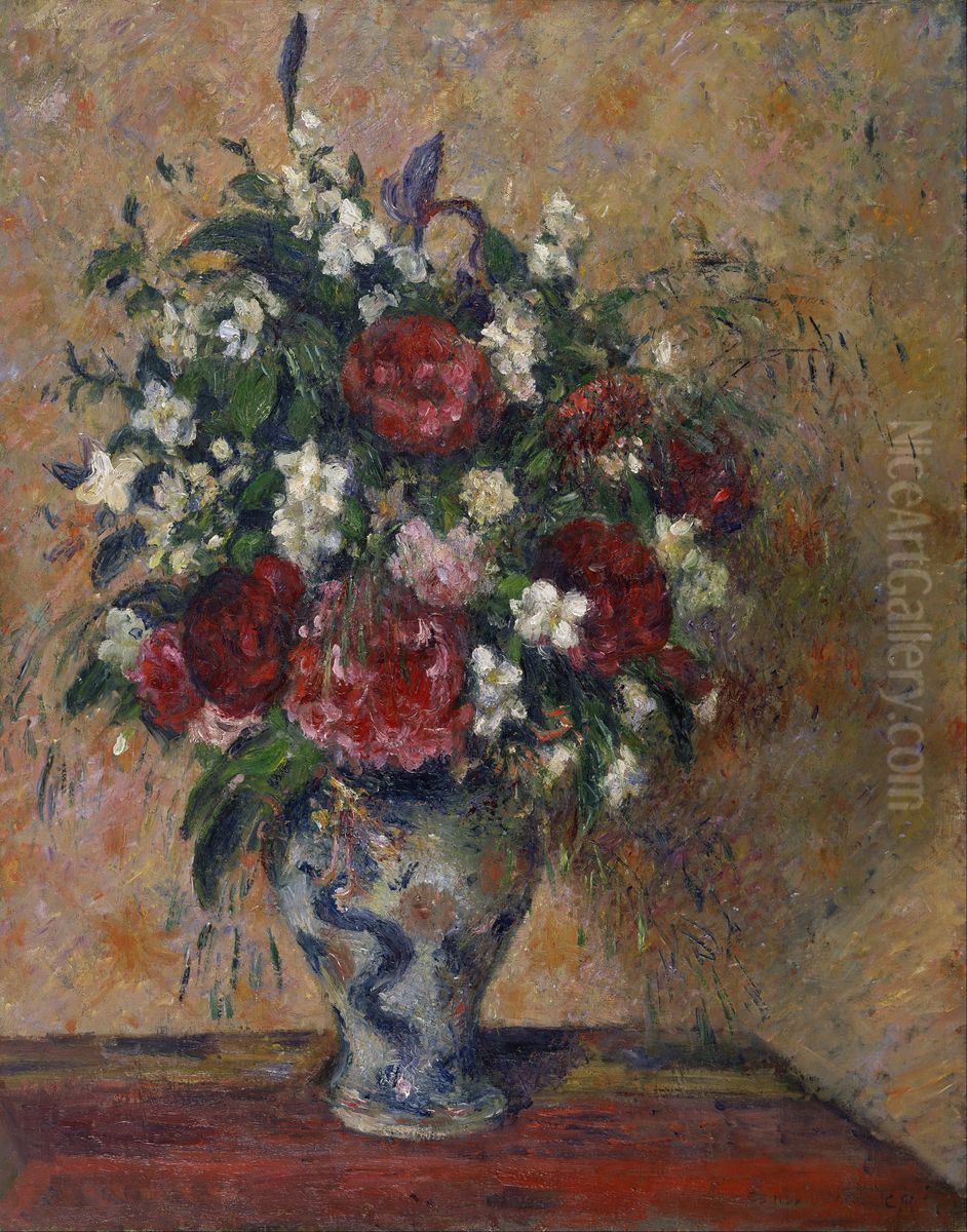 Still life with peonies and mock orange Oil Painting by Camille Pissarro