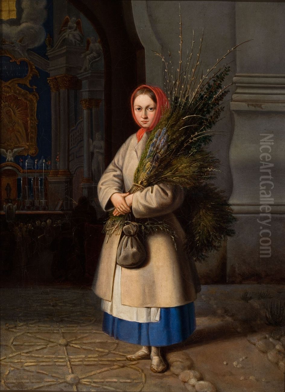 Lithuanian Girl with Palm Sunday Fronds Oil Painting by Kanuty Rusiecki