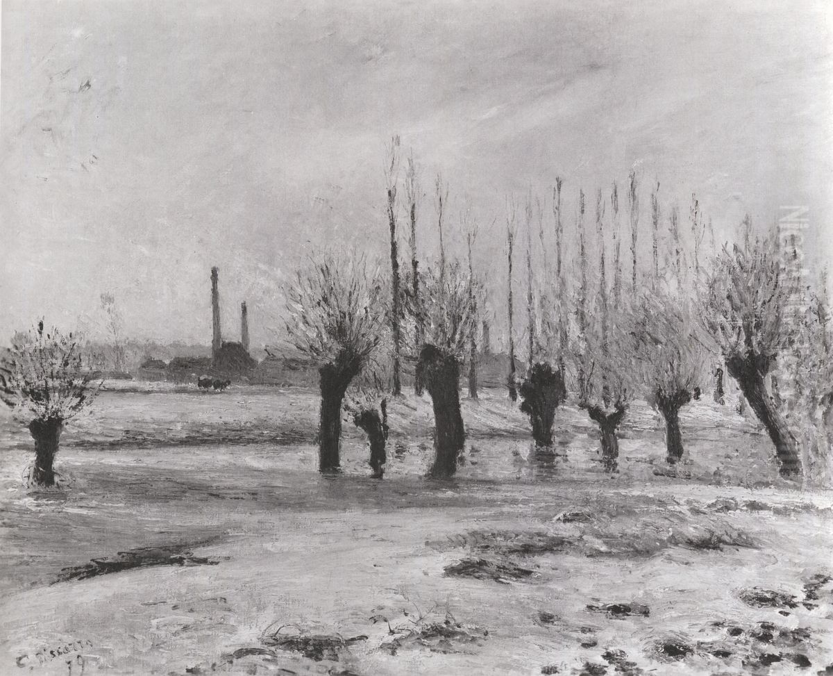 Banks of the Oise at Pontoise, Effect of Snow Oil Painting by Camille Pissarro
