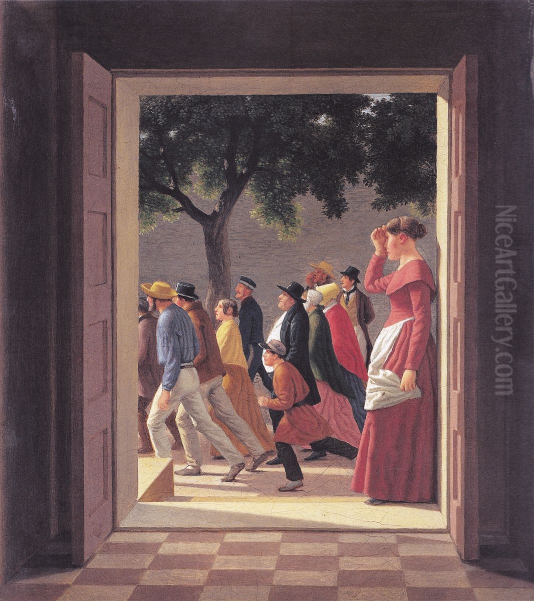 Udsigt gennem en dor til lobende figurer. Oil Painting by Christoffer Wilhelm Eckersberg