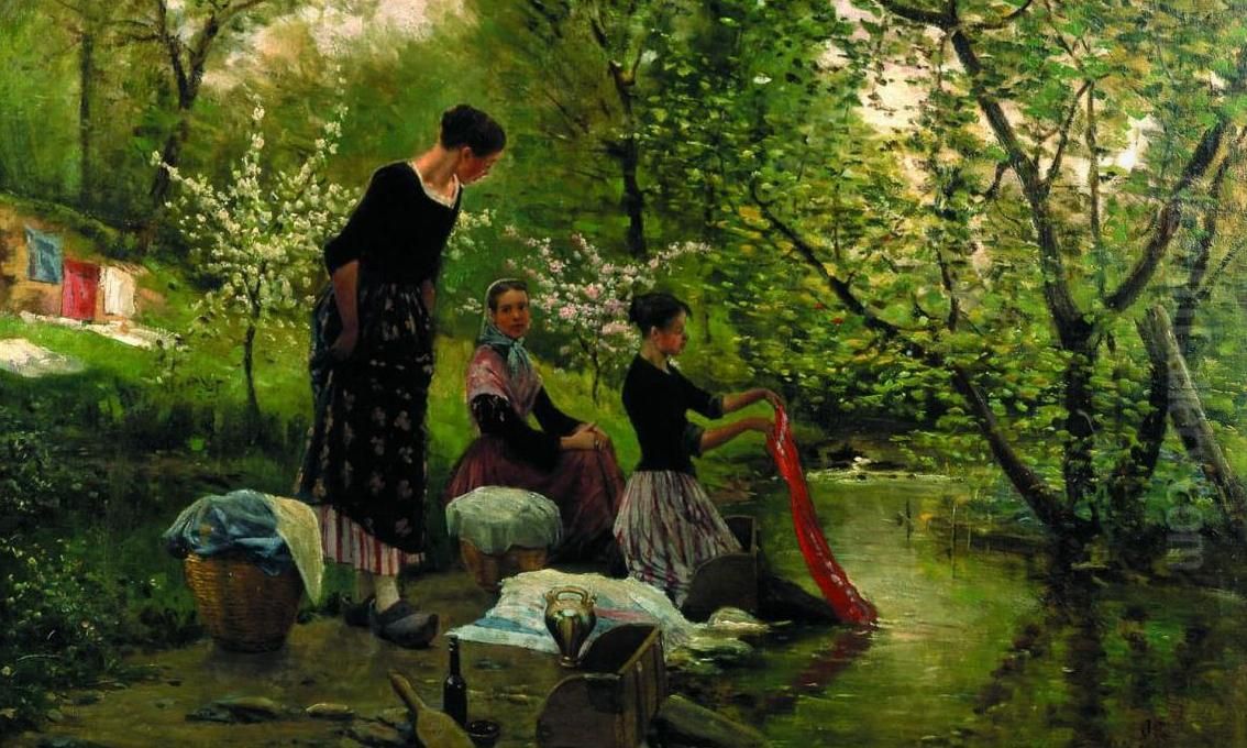 Les bugaderes Oil Painting by Joaquim Vayreda i Vila
