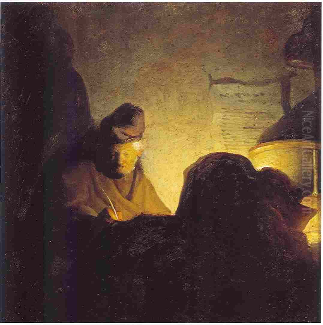 A man writing by candlelight Oil Painting by Rembrandt