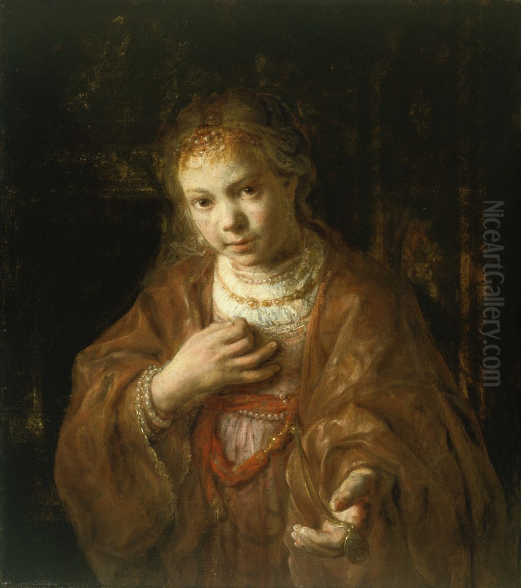 Young girl holding a medal Oil Painting by Rembrandt