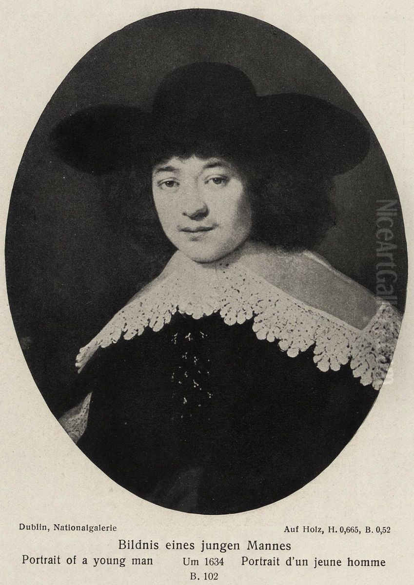 Oval portrait of a man wearing a split-sleeve jacket with flat lace collar and broad-brimmed hat Oil Painting by Rembrandt