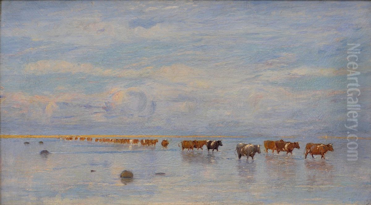Koerne gar over fladstranden i Odense Fjord Oil Painting by Ole Pedersen