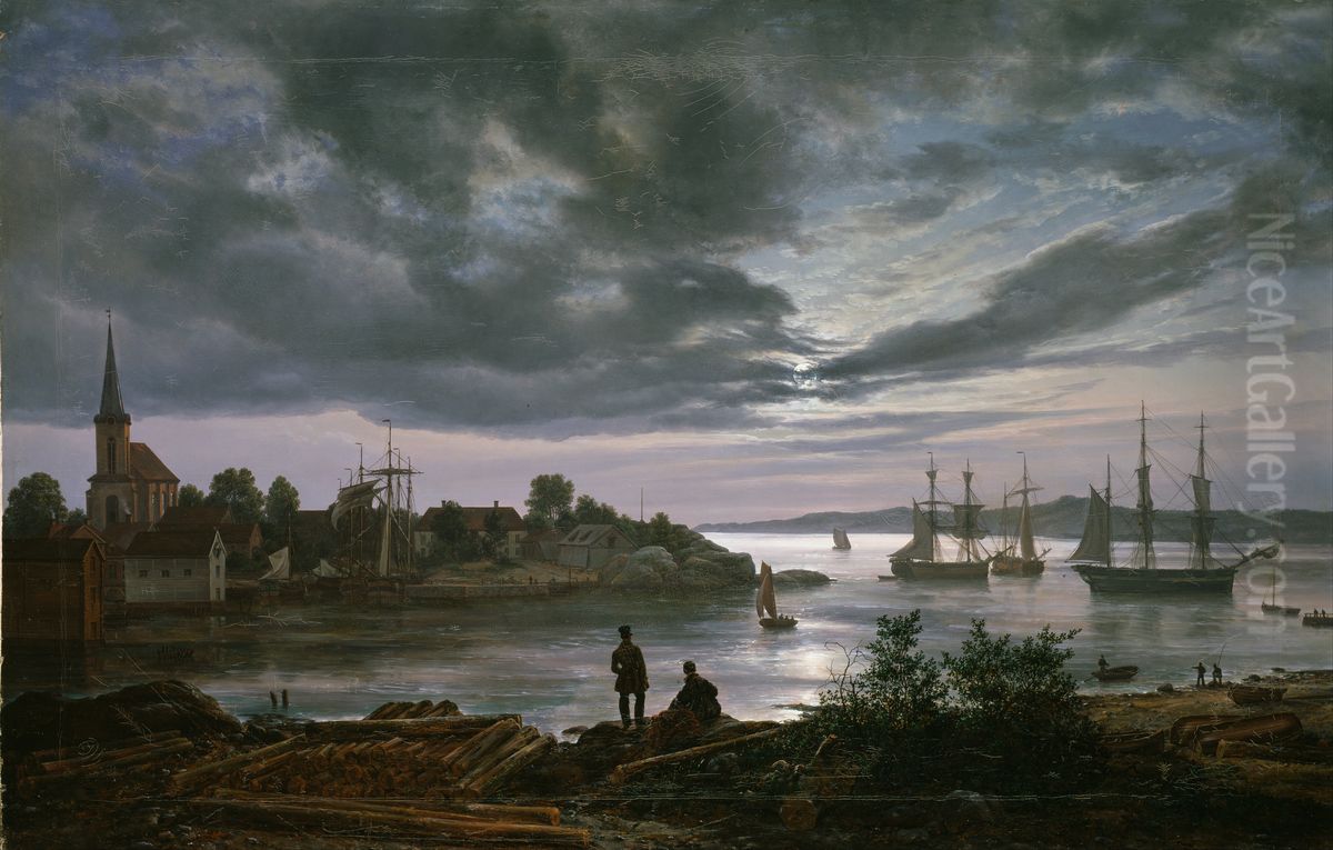 Larvik havn i maneskinn Oil Painting by Johan Wilhelm Ludwig Dahl