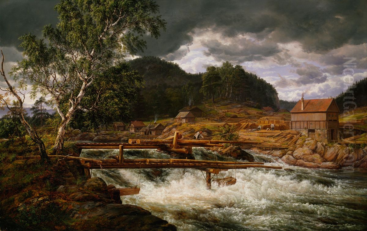 Hellefossen near Hokksund Oil Painting by Johan Wilhelm Ludwig Dahl