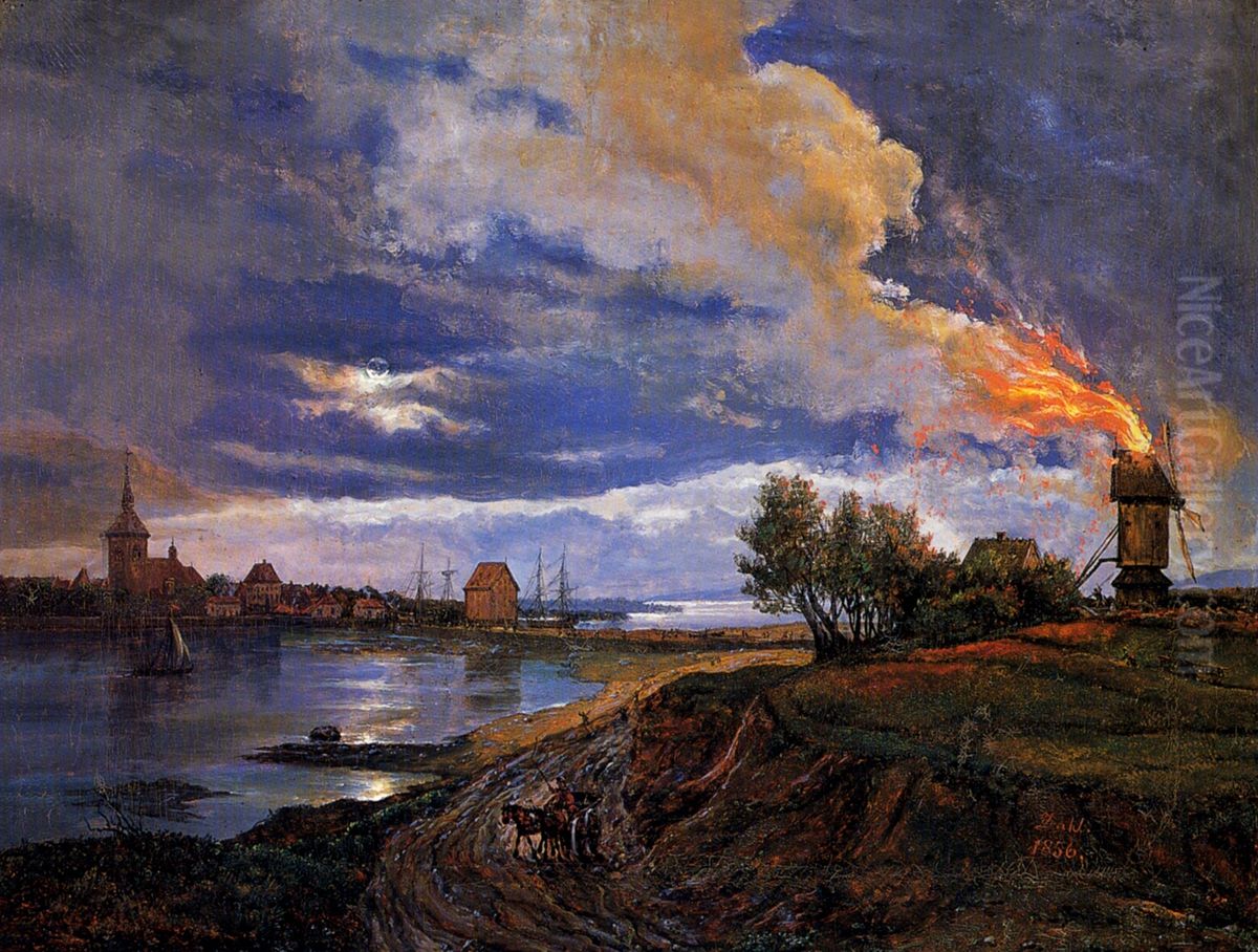 Burning Windmill at Stege Oil Painting by Johan Wilhelm Ludwig Dahl
