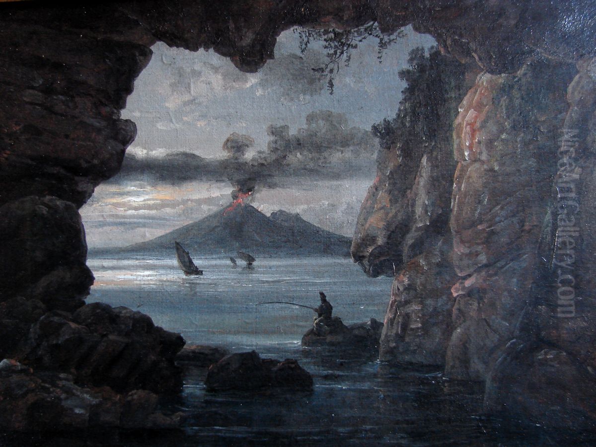 Grotto by the Bay of Naples. Moonlight Oil Painting by Johan Wilhelm Ludwig Dahl