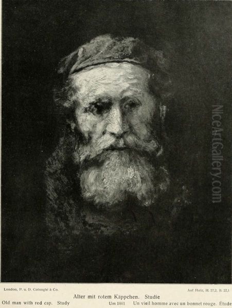 Study of the head of a bearded old man in red cap Oil Painting by Rembrandt