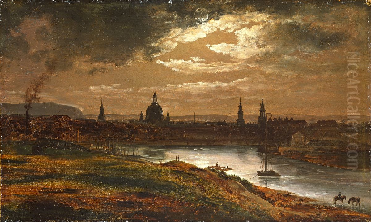 Dresden by Moonlight Oil Painting by Johan Wilhelm Ludwig Dahl