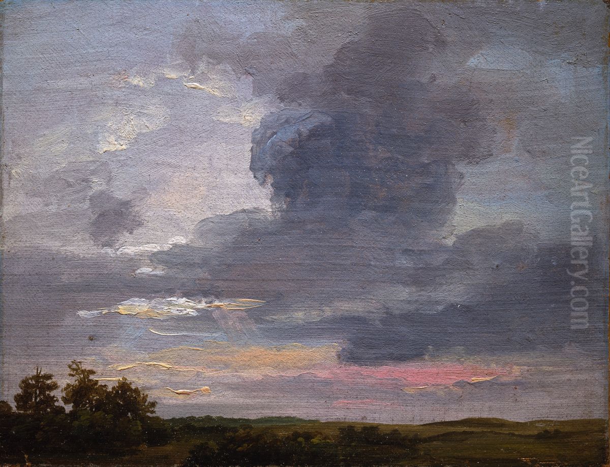 Studie av skyer over flatt landskap med treklynge Oil Painting by Johan Wilhelm Ludwig Dahl