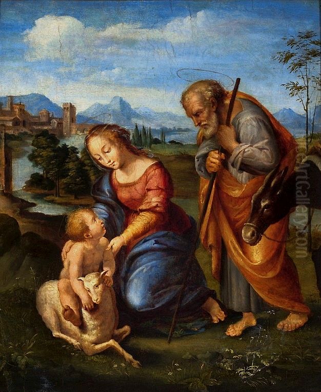 The Holy Family with the lamb. Oil Painting by Raphael