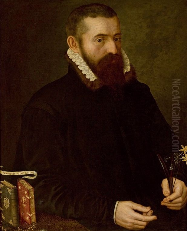 Portrait of a man with narcissus and a hyacinth. Oil Painting by Antonis Mor