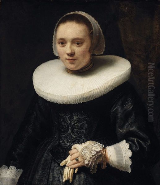 Portrait of a Woman with Gloves Oil Painting by Rembrandt