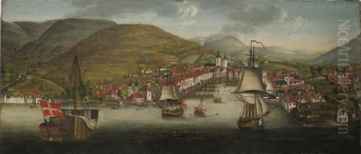View of Bergen Harbour Oil Painting by Johan Wilhelm Ludwig Dahl