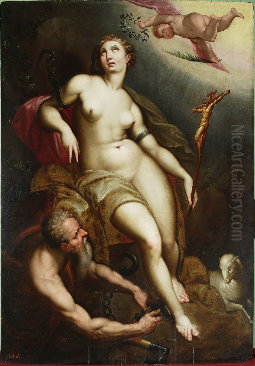 Allegory of Christian patience with Chronos releasing her from the shackles Oil Painting by Jacob De Backer Allegory of Christian patience with Chronos releasing her from the shackles Oil Painting by Jacob De Backer