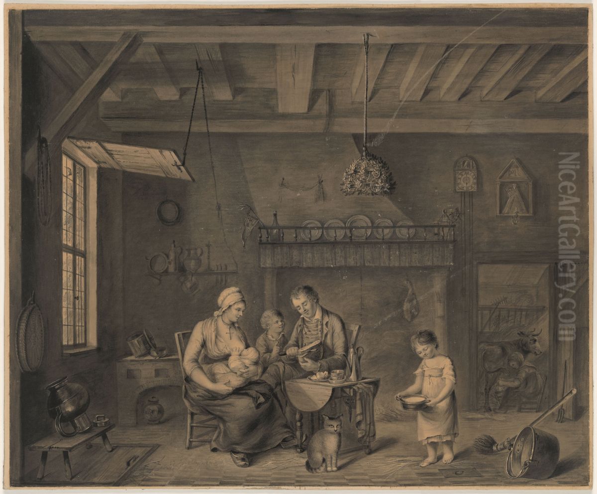 Ontbijt op de hoeve Oil Painting by Marie Elisabeth Delatour-Simons